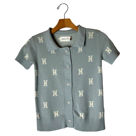 Honor The Gift Sweater Women XS Blue Gray Knit Monogram Short Sleeve Polo Preppy - Picture 2 of 12